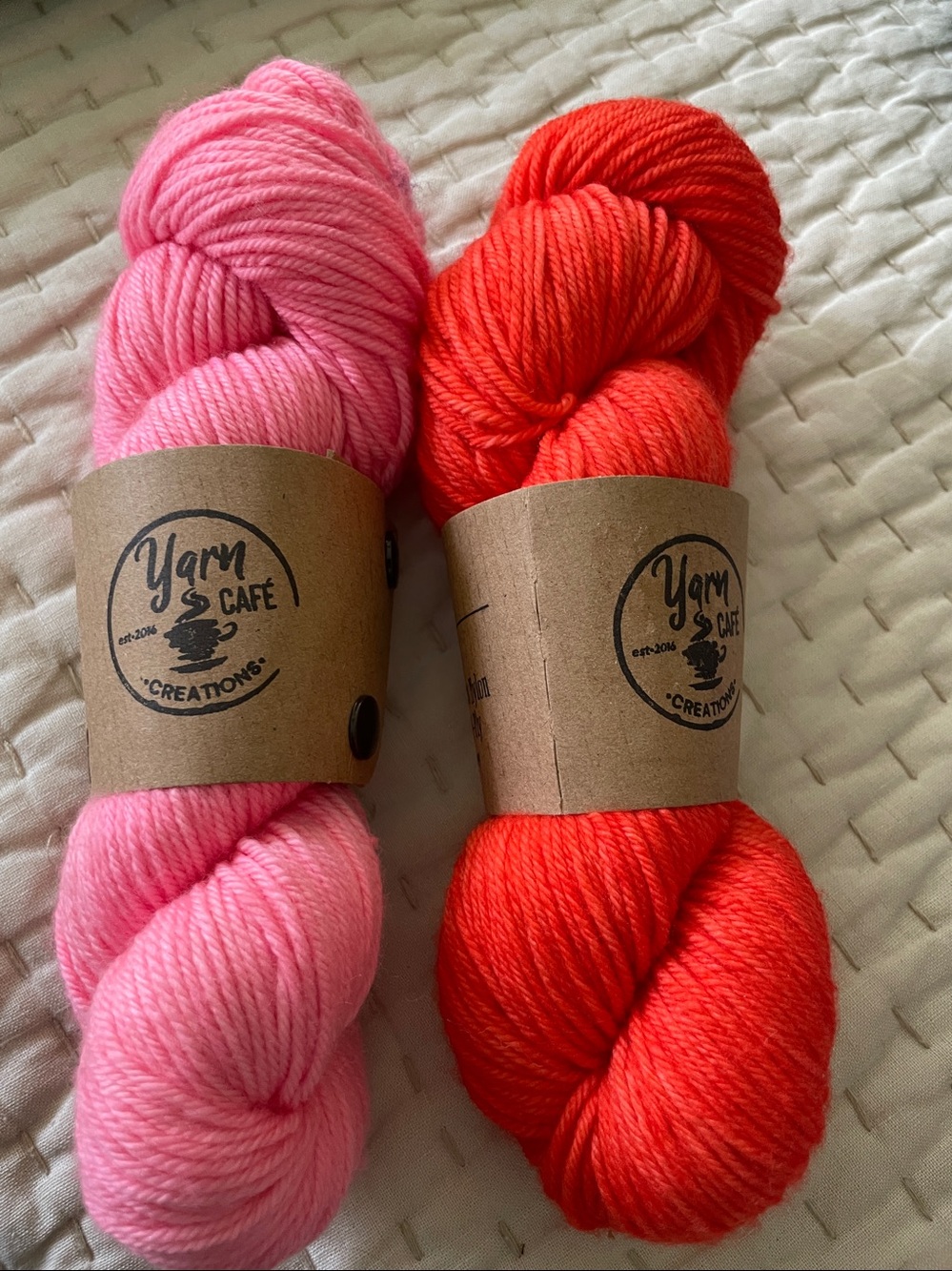 Yarn Cafe Creations Biscotti DK 85% merino wool. NEW. Pink orange